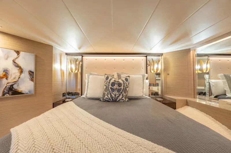 Slide: The Image of Luxurious 2021 Horizon yacht bedroom with elegant decor and ambient lighting. - 32