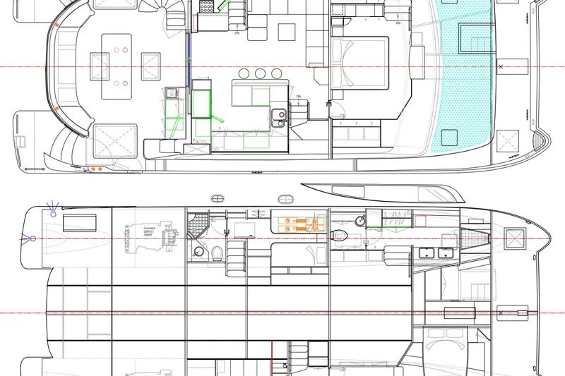 Slide: The Image of Blueprint of a 2021 Horizon yacht, showcasing detailed interior and exterior layouts. - 68