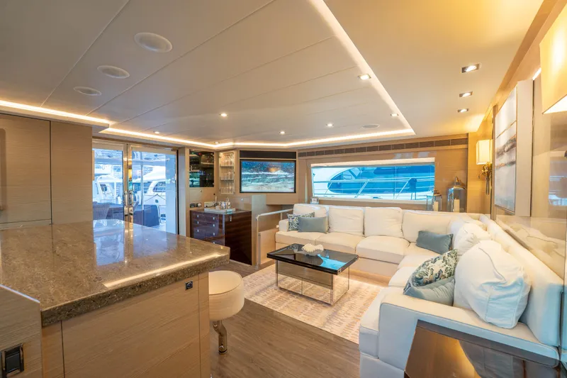 Slide: The Image of Luxurious 2021 Horizon yacht interior with modern decor and spacious seating area. - 9