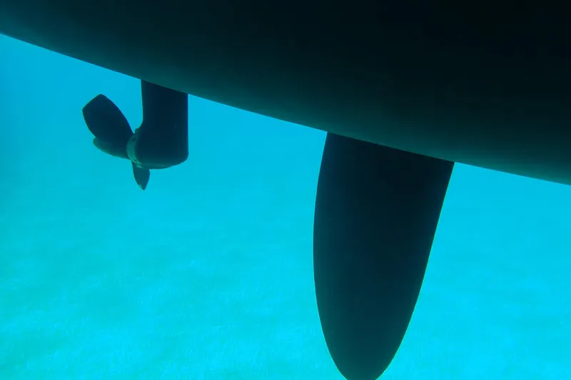 Slide: The Image of Underwater view of 2016 Fountaine Pajot Lucia 40 catamaran's propeller and rudder. - 20