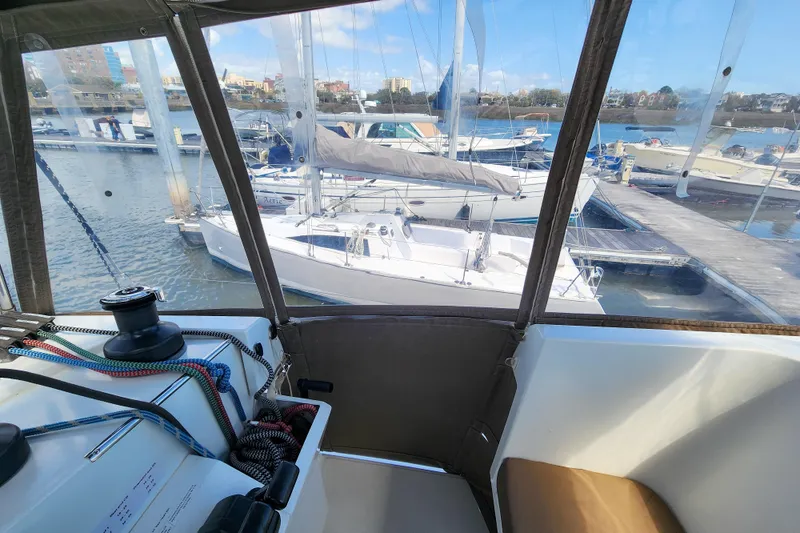 Slide: The Image of Fountaine Pajot Lucia 40 catamaran deck detail, 2016 model, docked at marina. - 40