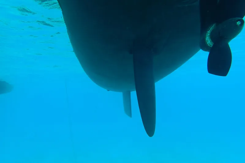 Slide: The Image of Underwater view of 2016 Fountaine Pajot Lucia 40 catamaran's propeller and rudder. - 93