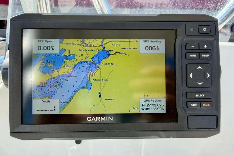 Slide: The Image of Garmin GPS display on 2023 Aquasport 2200 Center Console boat, showing navigation map. - 20