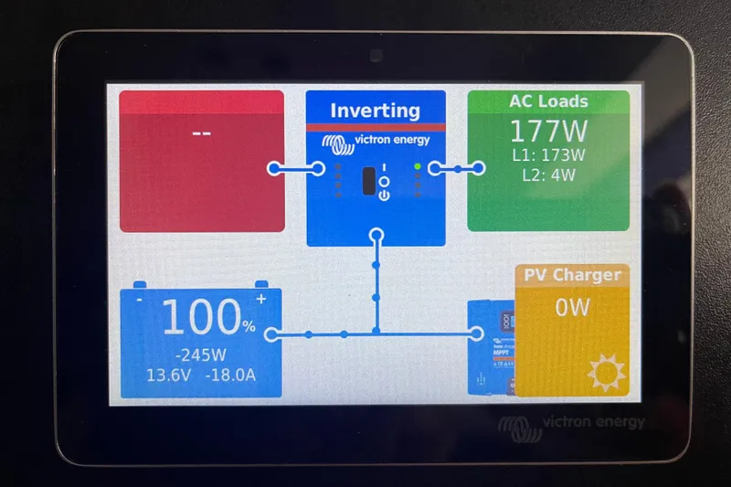 Slide: The Image of Display screen showing Victron Energy system status on a Lagoon 39, 2014 model. - 28