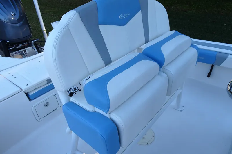 Slide: The Image of 2022 Robalo 246 Cayman boat seating with blue and white upholstery. - 17
