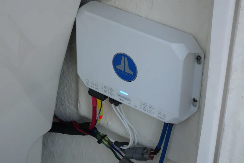 Slide: The Image of JL Audio system installed on a 2022 Robalo 246 Cayman boat. - 23