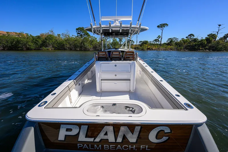 Slide: The Image of 2024 Valhalla Boatworks V-33 on water, rear view, labeled "Plan C," Palm Beach, FL. - 41