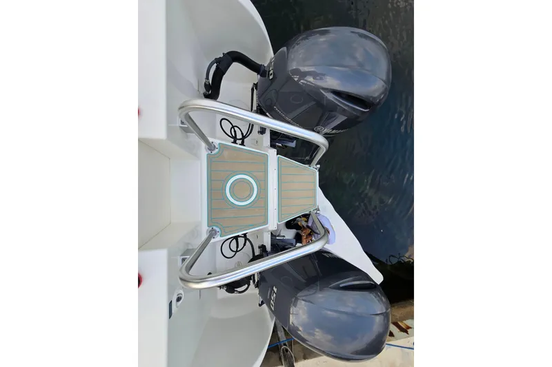Slide: The Image of 2019 World Cat 255 DC boat with dual outboard engines, viewed from above. - 9