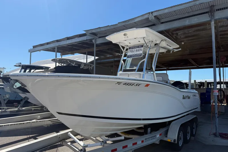 The Image of 2021 Sea Fox 248 Commander boat on trailer under a metal canopy. - 1