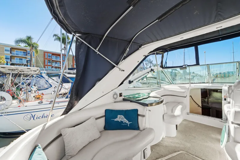 Slide: The Image of Interior view of a 2005 Doral 360se yacht docked at a marina. - 25