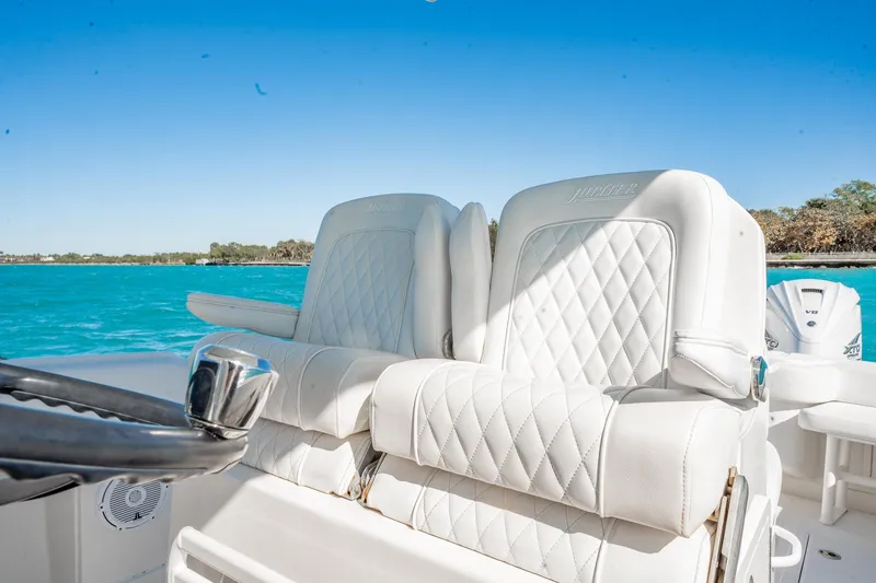 Slide: The Image of Luxurious seating on 2019 Jupiter 38 HFS boat with ocean view. - 44