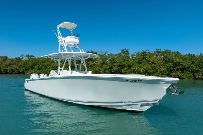 Slide: The Image of 2019 Jupiter 38 HFS boat on calm water with lush green background. - 65
