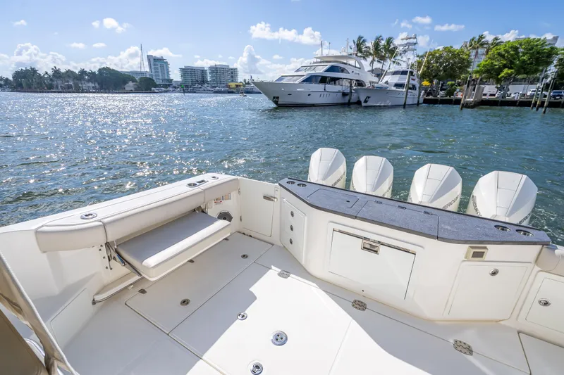 Slide: The Image of Boston Whaler 405 Conquest 2021 boat deck with scenic waterfront view. - 56