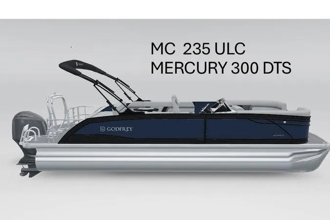 The Image of 2026 Godfrey Monaco 235 ULC pontoon boat with Mercury 300 DTS engine, side view. - 1