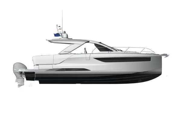 Slide: The Image of Manufacturer Provided Image: 2025 Jeanneau DB/43 OB luxury motorboat, sleek design, side view, white and black exterior. - 8