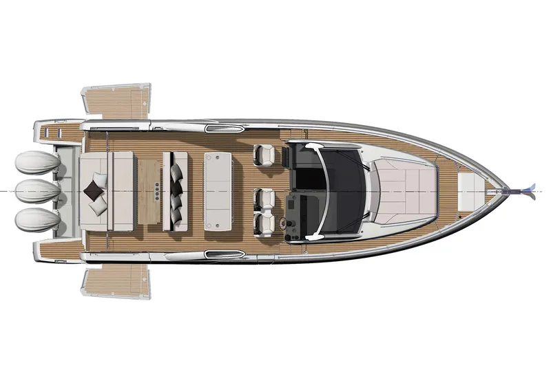 Slide: The Image of Manufacturer Provided Image: Top view of 2025 Jeanneau DB/43 OB luxury yacht with triple outboard engines. - 9