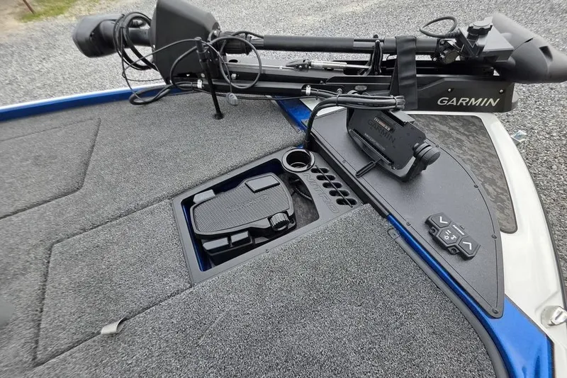 Slide: The Image of 2026 Nitro Z20 XL Pro boat deck with Garmin trolling motor and control panel. - 22