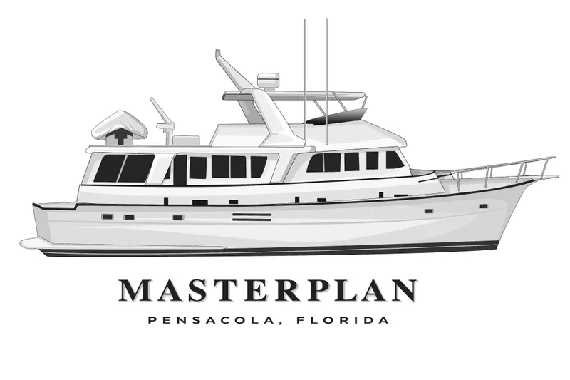 Slide: The Image of 1975 Hatteras 58 Long Range Cruiser illustration, labeled "Masterplan," Pensacola, Florida. - 20