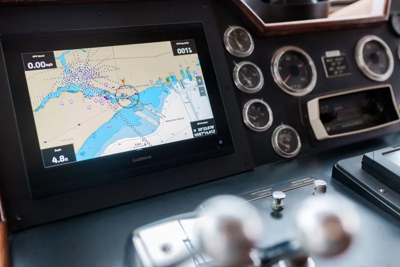 Slide: The Image of Navigation system on 1975 Hatteras 58 Long Range Cruiser's control panel. - 8