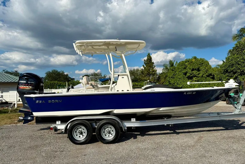 The Image of 2017 Seaborn FX24 Bay boat on trailer under cloudy sky. - 1