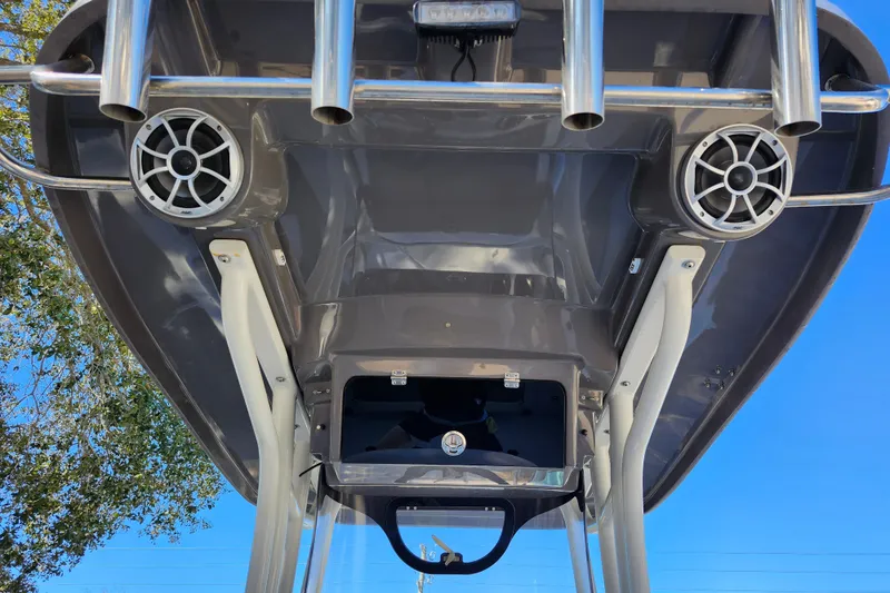 Slide: The Image of Underside view of 2022 Finseeker 230 CC boat with speakers and rod holders. - 26