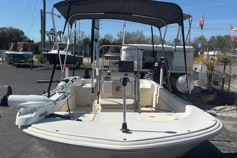 Slide: The Image of 2016 Carolina Skiff 16 JVX CC boat with canopy and Minn Kota trolling motor. - 3