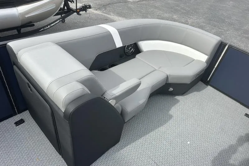 Slide: The Image of Luxurious seating on 2026 Evotti 523CS boat, featuring sleek gray upholstery and modern design. - 10