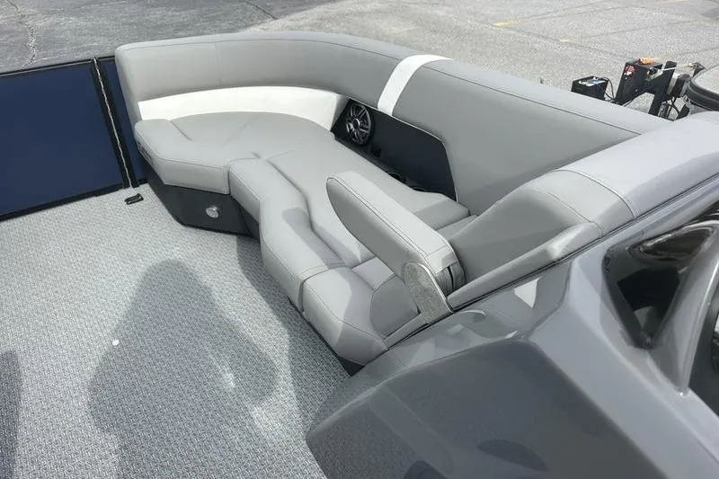 Slide: The Image of Luxurious seating on 2026 Evotti 523CS boat, featuring sleek gray upholstery and modern design. - 8