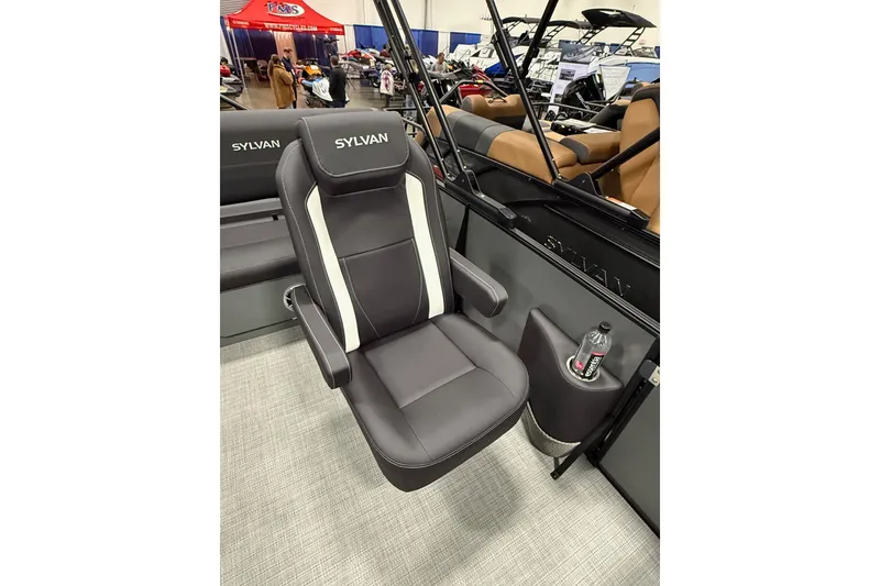Slide: The Image of 2026 Sylvan Mirage X X3 CLZ DH boat seat with cup holder in showroom. - 8