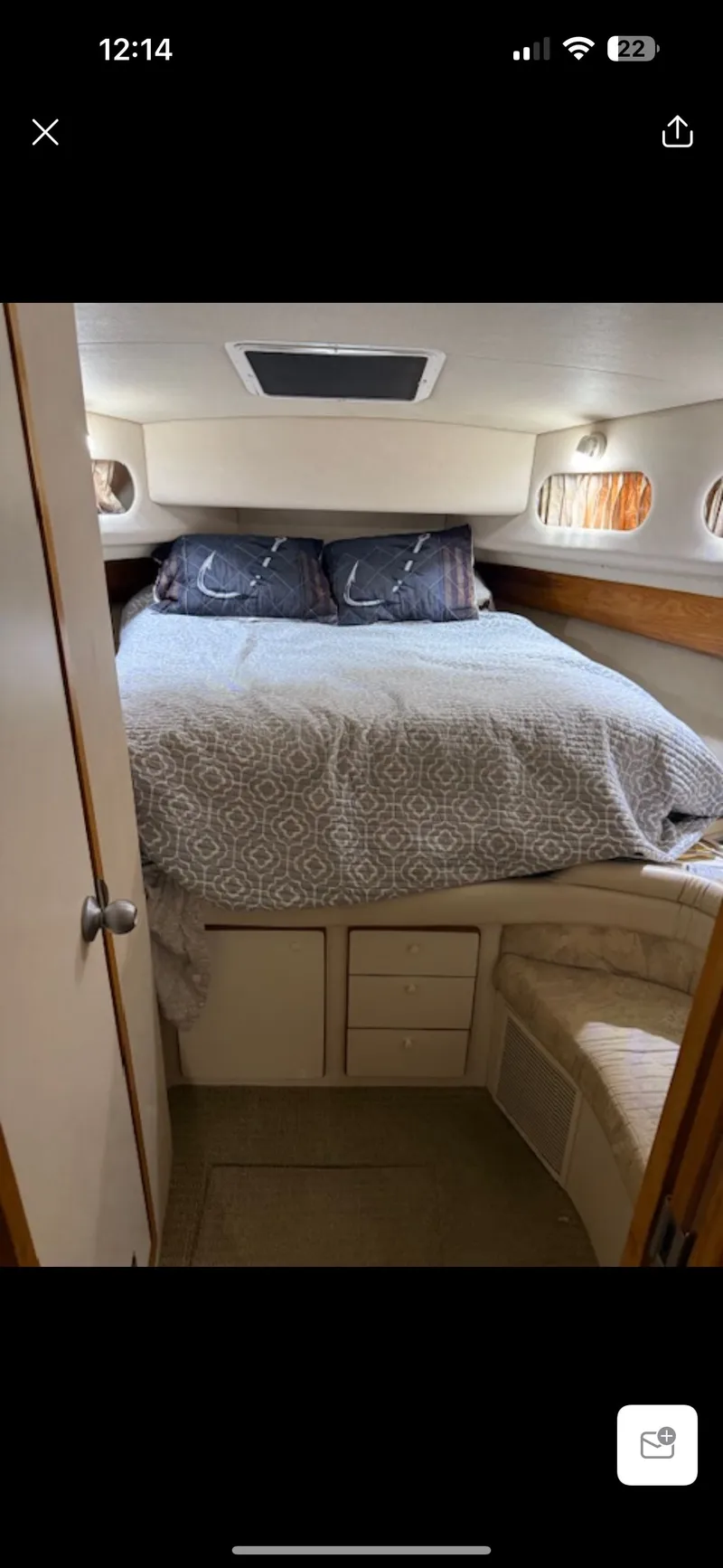 Slide: The Image of Interior of 1996 Sea Ray 440 Express Bridge, cozy bedroom. - 8