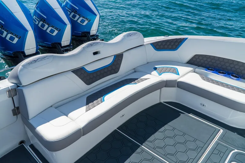 Slide: The Image of Luxury MTI 50v boat interior with plush seating and powerful engines, 2023 model. - 21