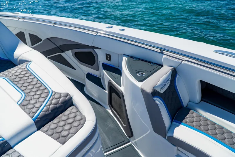 Slide: The Image of Luxurious interior of 2023 MTI 50v boat with stylish seating and ocean view. - 27