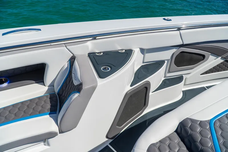 Slide: The Image of Luxurious interior of 2023 MTI 50v boat with modern seating and sleek design. - 28
