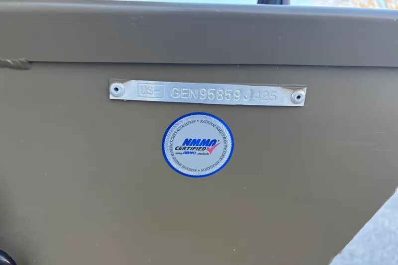 Slide: The Image of 2025 G3 Gator Tough 1652 VBW boat with certification label and serial number. - 15