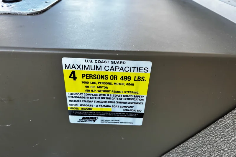 Slide: The Image of 2025 G3 Gator Tough 1652 VBW boat capacity label, 4 persons or 499 lbs. - 34