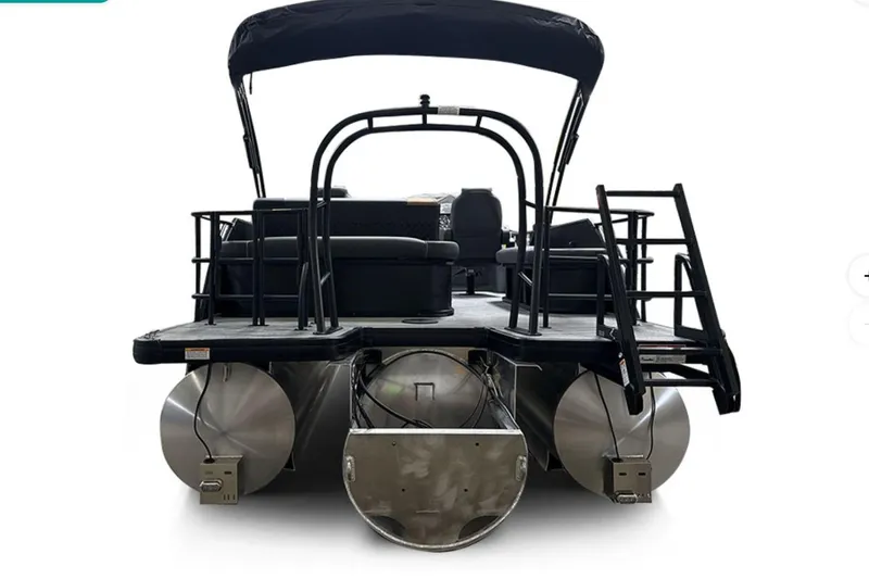 Slide: The Image of 2026 Godfrey Sweetwater 22' Tritoon, rear view with black canopy and seating. - 33