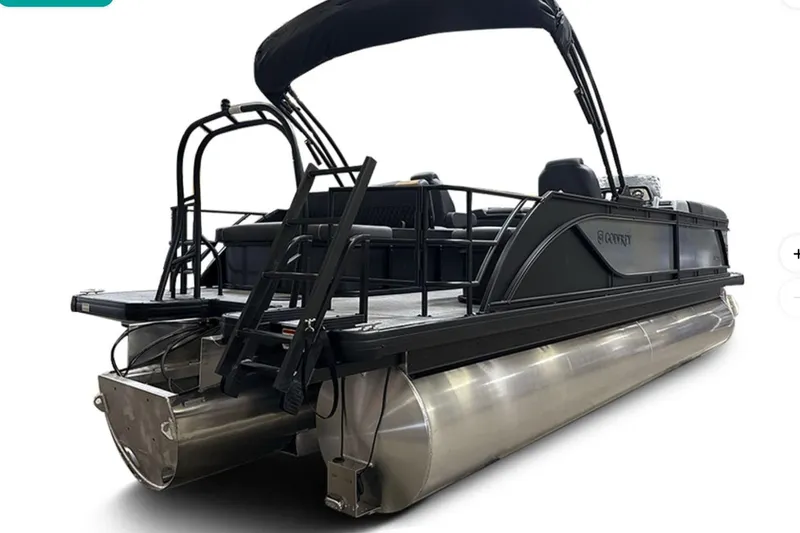 Slide: The Image of 2026 Godfrey Sweetwater 22' Tritoon with single flip lounge, rear view. - 34