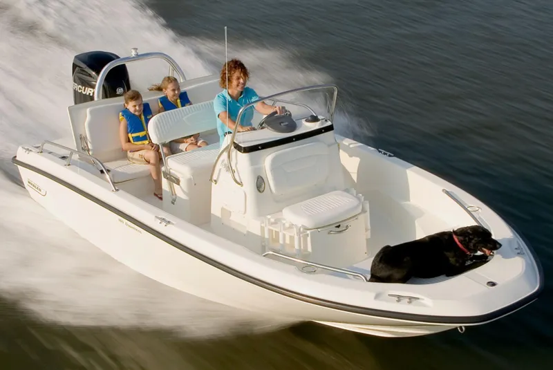 The Image of Manufacturer Provided Image: 2015 Boston Whaler 180 Dauntless boat cruising with family and dog on board. - 0