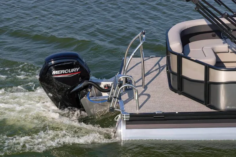 Slide: The Image of Manufacturer Provided Image: 2026 Barletta Aria 20L pontoon boat with Mercury outboard motor on water. - 10