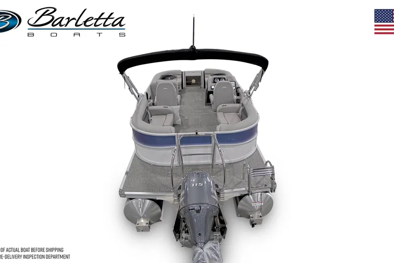 Slide: The Image of 2026 Barletta ARIA 20QC pontoon boat, rear view, showcasing seating and motor. - 2