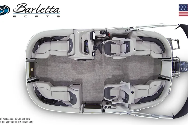 Slide: The Image of 2026 Barletta ARIA 20QC pontoon boat interior, top view, showcasing seating and helm layout. - 6