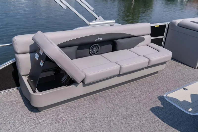 Slide: The Image of Manufacturer Provided Image: 2026 Barletta ARIA 20CC boat with cushioned seating and storage compartment. - 2