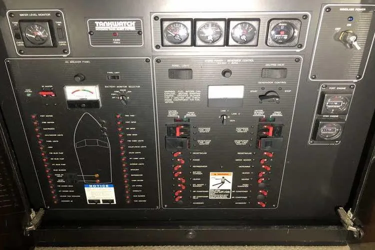Slide: The Image of Control panel of a 1997 Bayliner 3988 Motoryacht with gauges and switches. - 30
