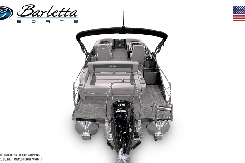 Slide: The Image of 2026 Barletta ARIA 22UC pontoon boat, rear view, sleek design, modern seating. - 2