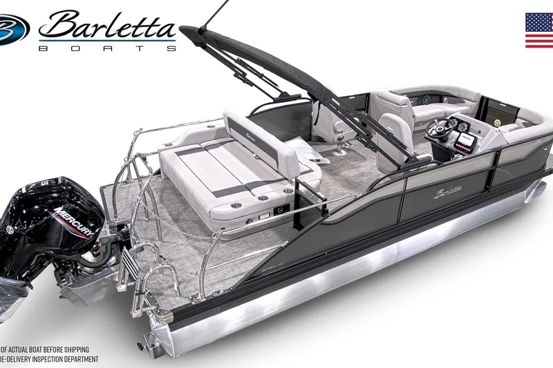 Slide: The Image of 2026 Barletta ARIA 22UC pontoon boat with Mercury engine, sleek design, and spacious seating. - 3