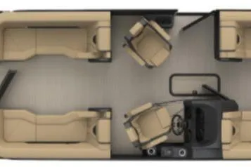 Slide: The Image of 2026 Evotti 723QL interior layout with seating and driver area, top view. - 2