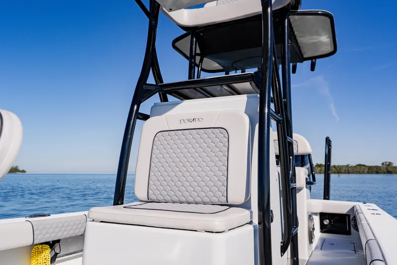 Slide: The Image of 2024 Dorado 25 boat with sleek seating and modern design on calm water. - 29