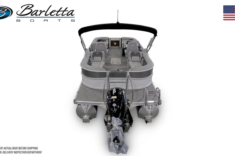 Slide: The Image of 2026 Barletta ARIA 22QC pontoon boat, rear view, showcasing spacious seating and sleek design. - 2