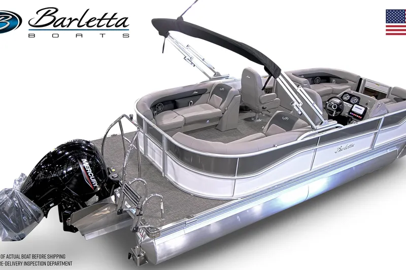Slide: The Image of 2026 Barletta ARIA 22QC pontoon boat with Mercury engine, luxury seating, and sleek design. - 3