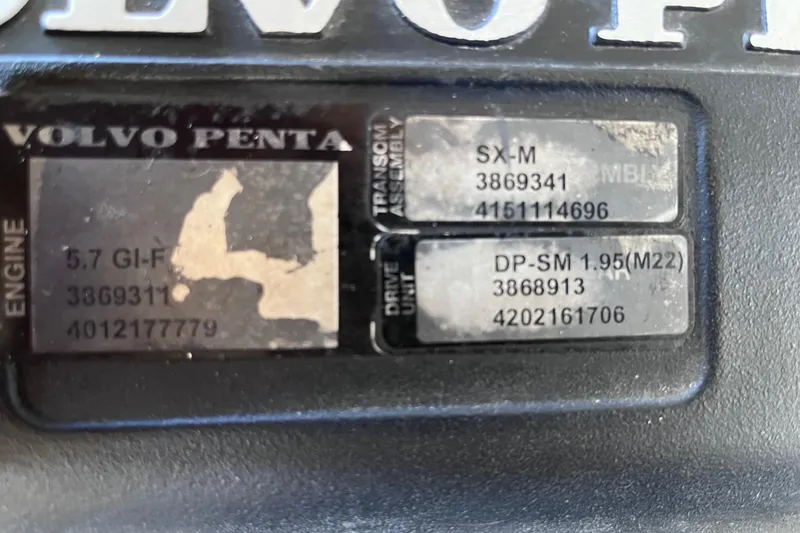 Slide: The Image of Volvo Penta engine label on 2006 Chaparral 246 SSi boat, showing specifications and serial numbers. - 51